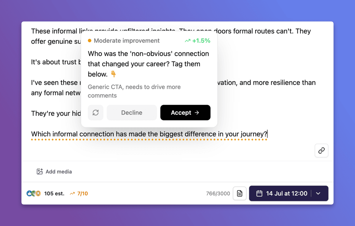 Resonate AI Critique - inline suggestion with predicted engagement lift and one-click accept or decline before publishing