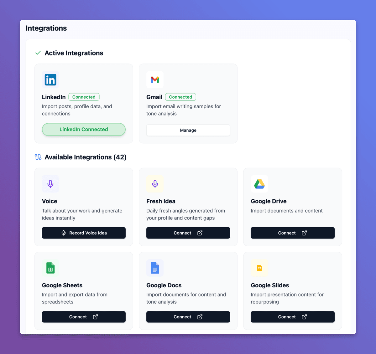 Resonate Integrations screen - LinkedIn and Gmail connected, plus dozens of available integrations