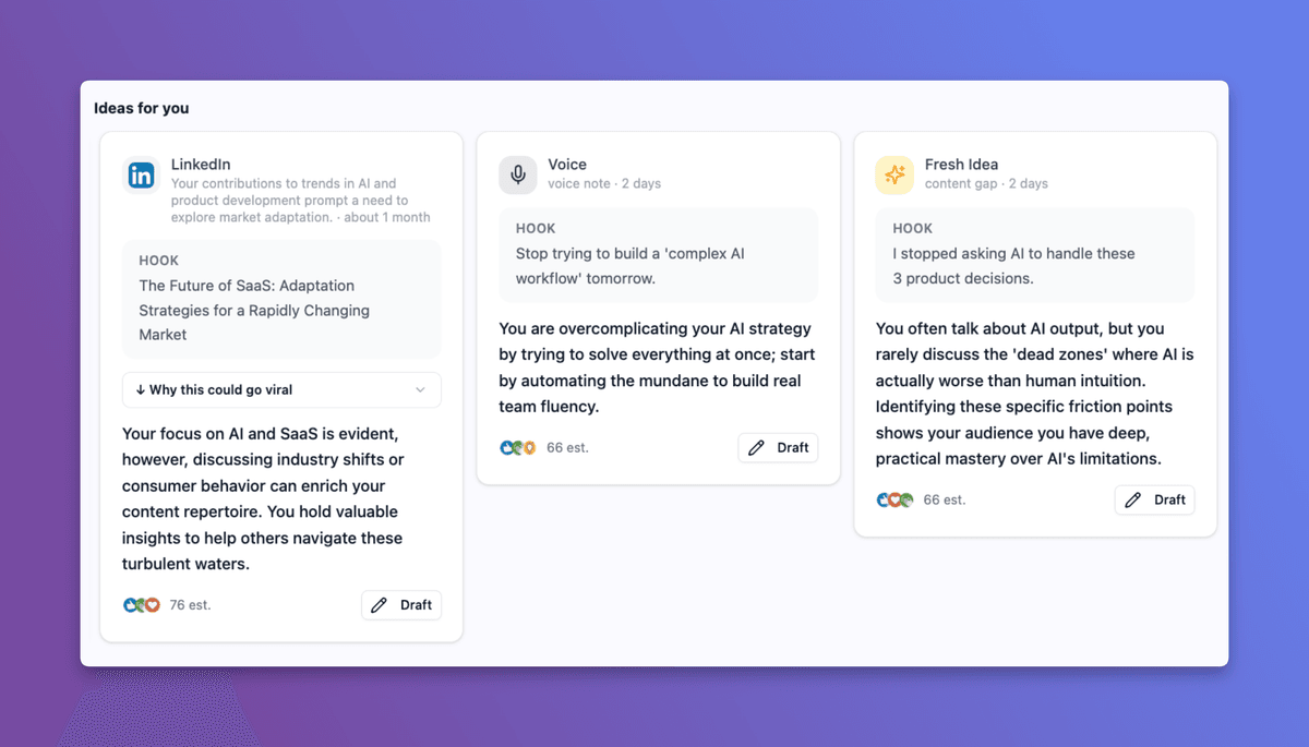 Resonate Ideas for you - post ideas surfaced from LinkedIn, voice notes and content gaps, each with an engagement estimate