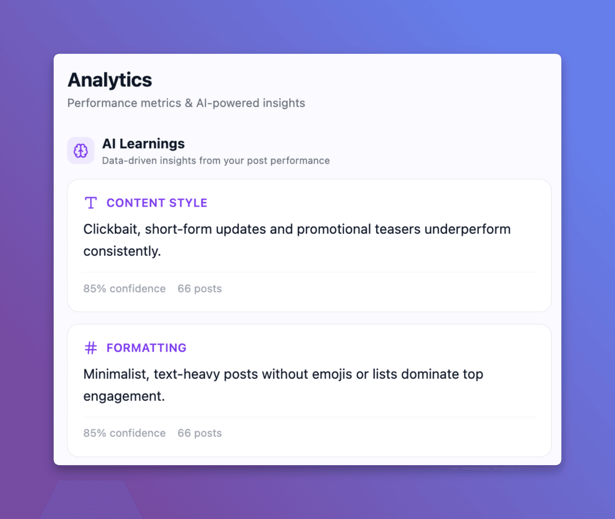 Resonate AI Learnings panel - data-driven insights from your post performance, used when writing